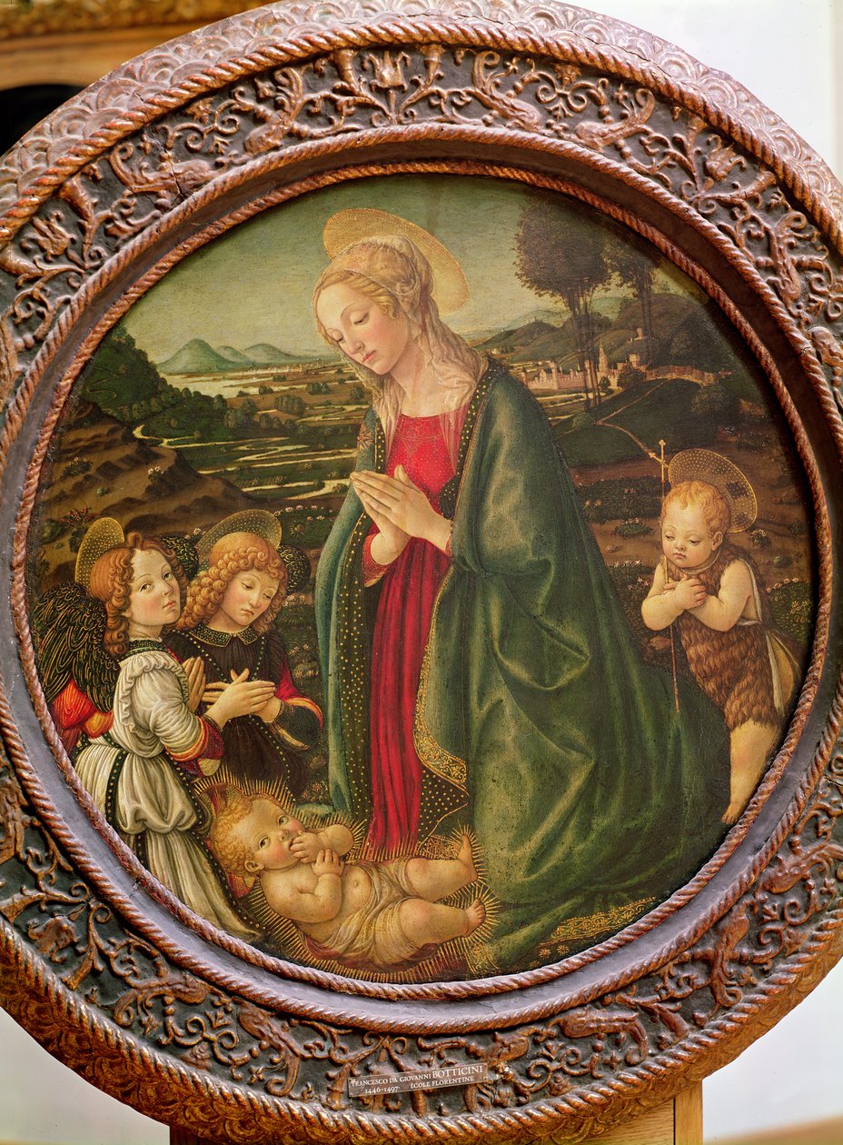 Jungfrun som tillber Kristusbarnet med Johannes Döparen och två änglar (tempera på panel) av Francesco Botticini