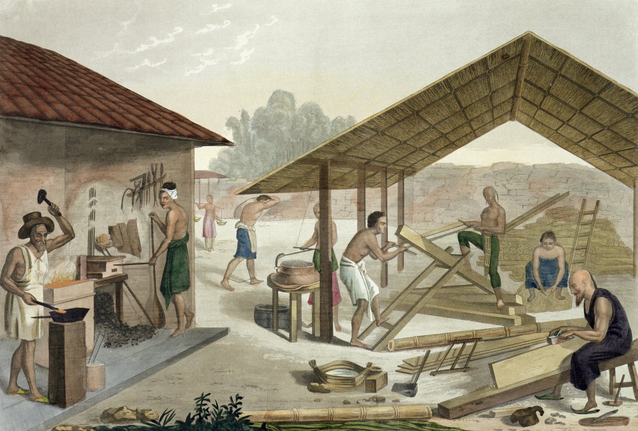 Snickarverkstad i Kupang, Timor, skylt 6 från Le Costume Ancien et Modern av Jules Ferrario, publicerad ca 1820-30-talet av Francesco Citterio
