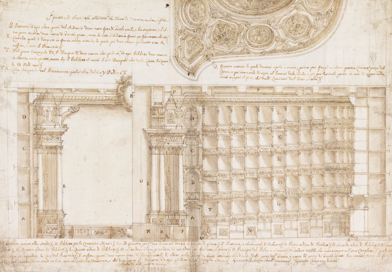 Teatro Filarmonico, Accademia Filarmonica, Verona, Italien - Sektion och tak av Francesco Galli Bibiena