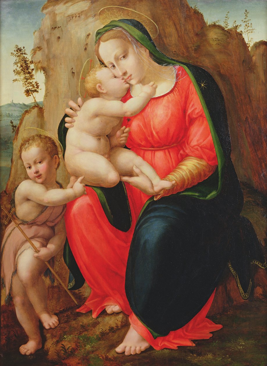 Madonna med barn och Johannes i ett landskap av Francesco Granacci