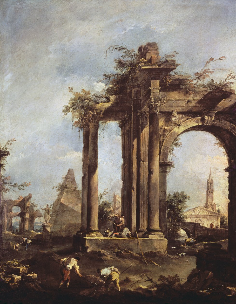 Capriccio med romerska ruiner, en pyramid och figurer, 1760-70 av Francesco Guardi