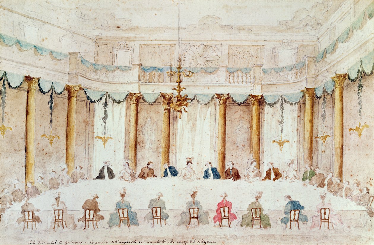 Festmiddag ges för att fira Armands bröllop (1771-1847) hertig av Polignac till friherrinnan Idalia av Neukirchen i Villa Gradenigo, Carpenedo, 1790 (wc över grafit med penna och bläck på papper av Francesco Guardi