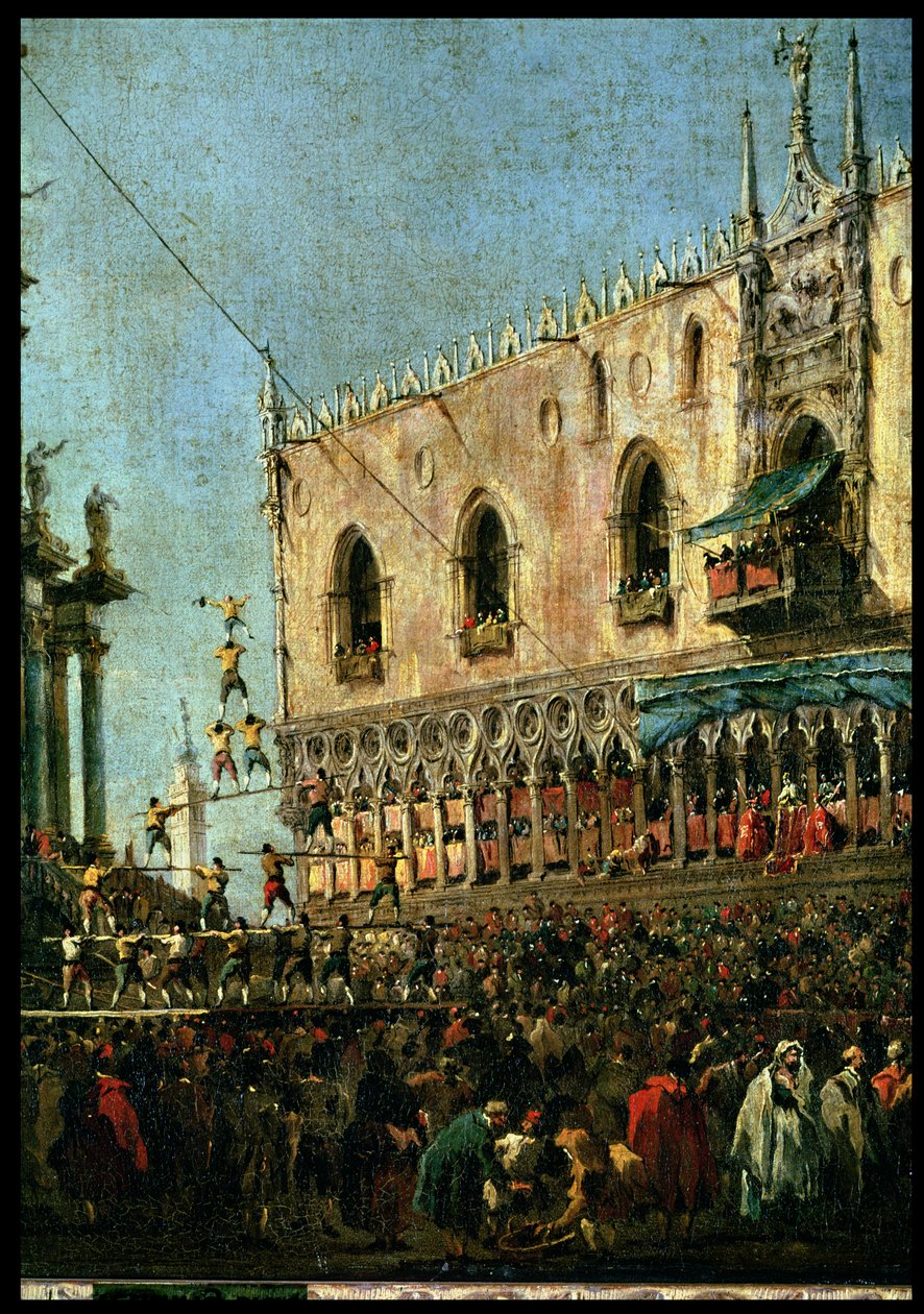 Doge in the Shrove Tuesday Festival på Piazzetta, Venedig, detalj av akrobaterna olja på duk av Francesco Guardi