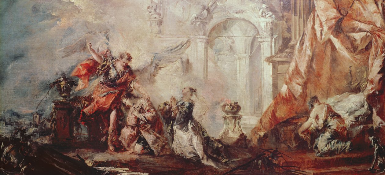 The Marriage of Tobias, detalj av paret Sara och Tobias före Raphaels mellanhand som tackar Gud, c.1750 olja på duk av Francesco Guardi