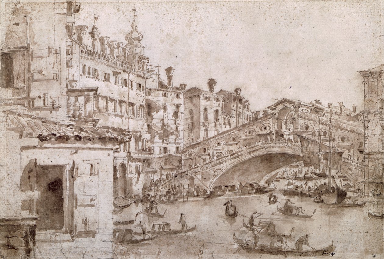 Rialtobron i Venedig (penna och brunt bläck på papper) av Francesco Guardi