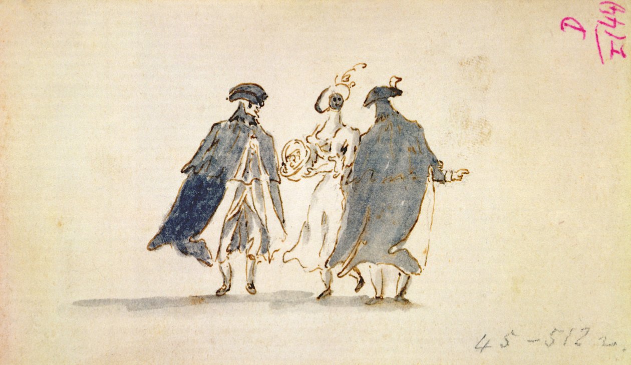 Tre maskerade figurer i karnevalsdräkt av Francesco Guardi
