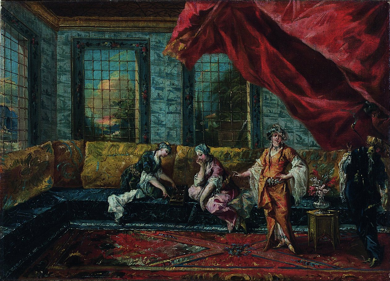 Två odalisker som spelar Mancala i Harem av Francesco Guardi