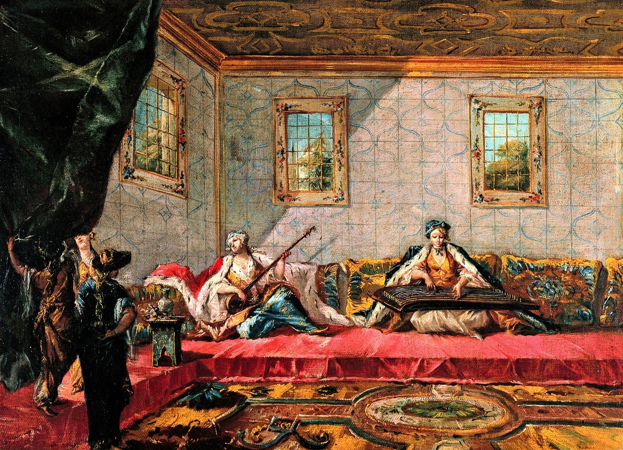 Två odalisker som spelar musik i Harem av Francesco Guardi