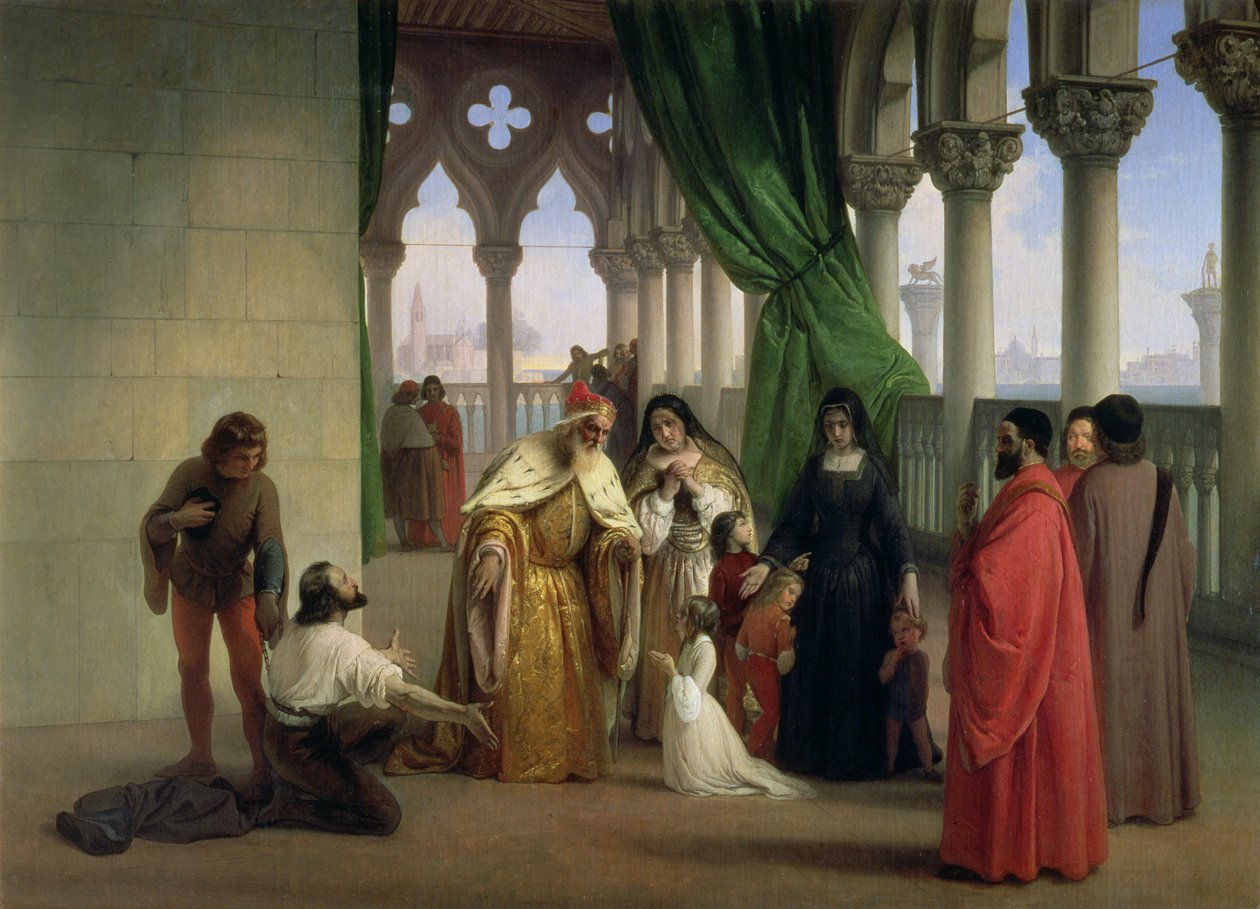 De två Foscari: Francesco Foscari, doge av Venedig (ca 1372-1457), förvisar sin son Jacopo på grund av anklagelsen om förrädisk korrespondens när han befinner sig i exil; ämnet för Bryons poetiska drama "The Two Foscari". av Francesco Hayez