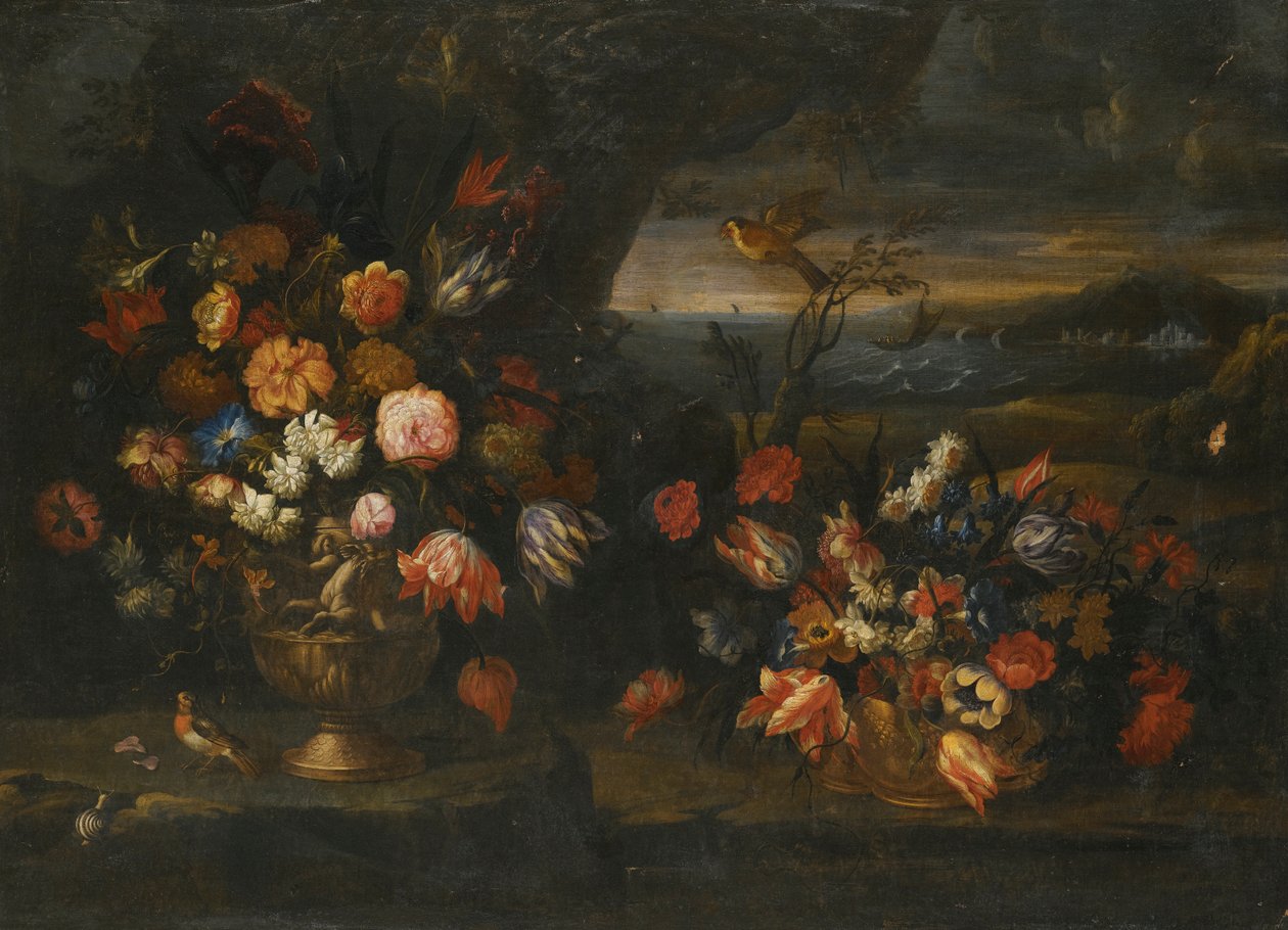 Stilleben med vas av blommor i en kustlandskap av Francesco Mantovano