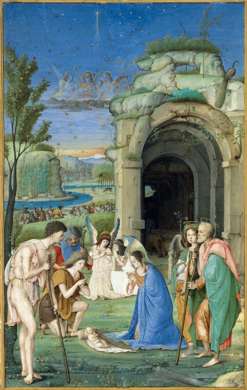 Tillbedjan av herdarna, ca 1500 (tempera och guld på pergament) av Francesco Marmitta