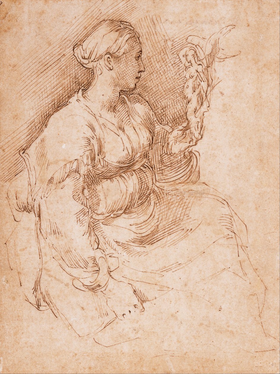 Woman Seated Holding a Statuette of Victory av Parmigianino
