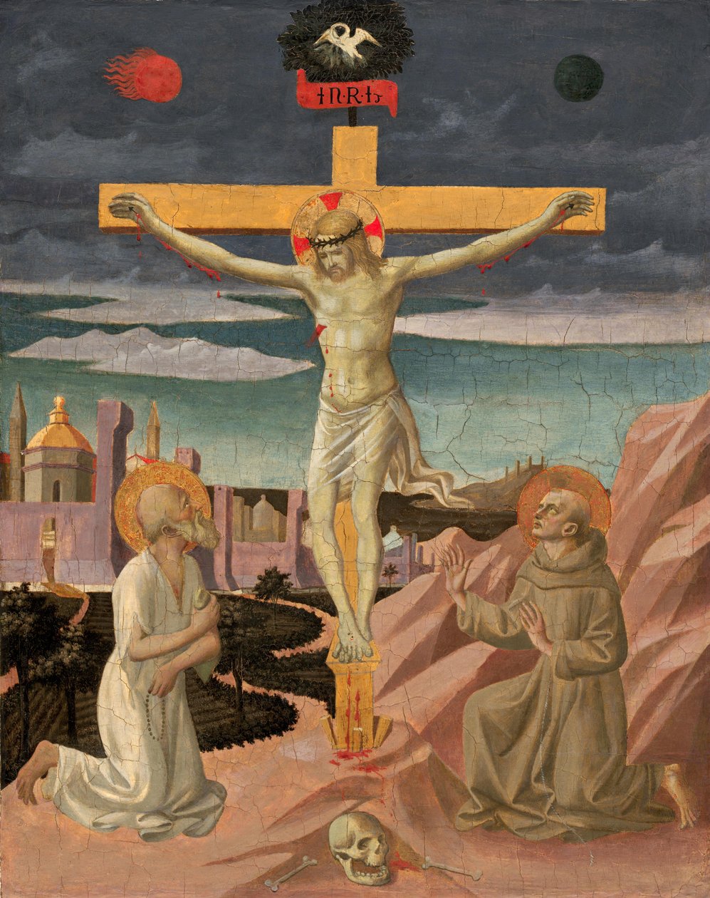 Kristus på korset, avgudad av den helige Jerome och den helige Francis av Francesco Pesellino