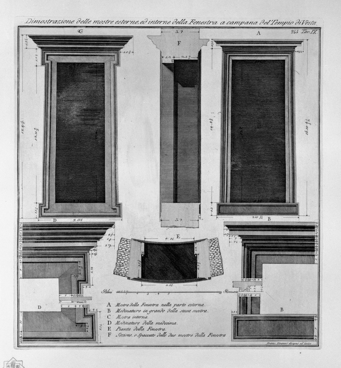 Demonstration av externa och interna utställningar av den klockformade Fenestra i Vesta-templet av Francesco Piranesi