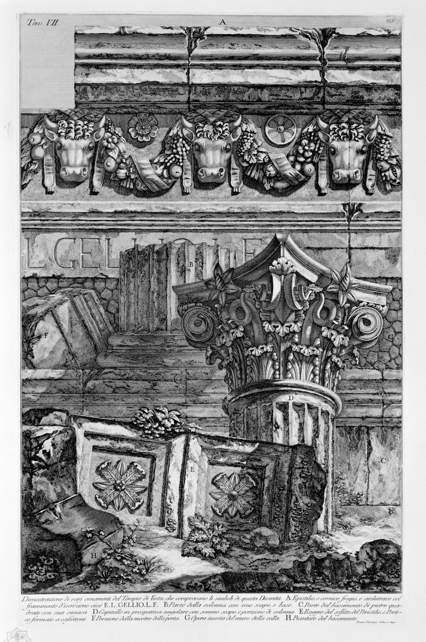 Dimostrazione di varj ornamenti del Tempio di Vesta, che comprovano li simboli di questa Divinità av Francesco Piranesi