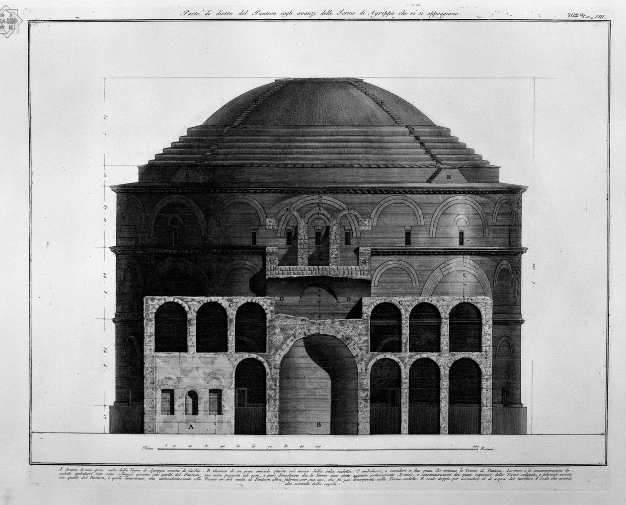 Parte di dietro del Panteon cogli avanzi delle Terme di Agrippa, che vi si appoggiano av Francesco Piranesi