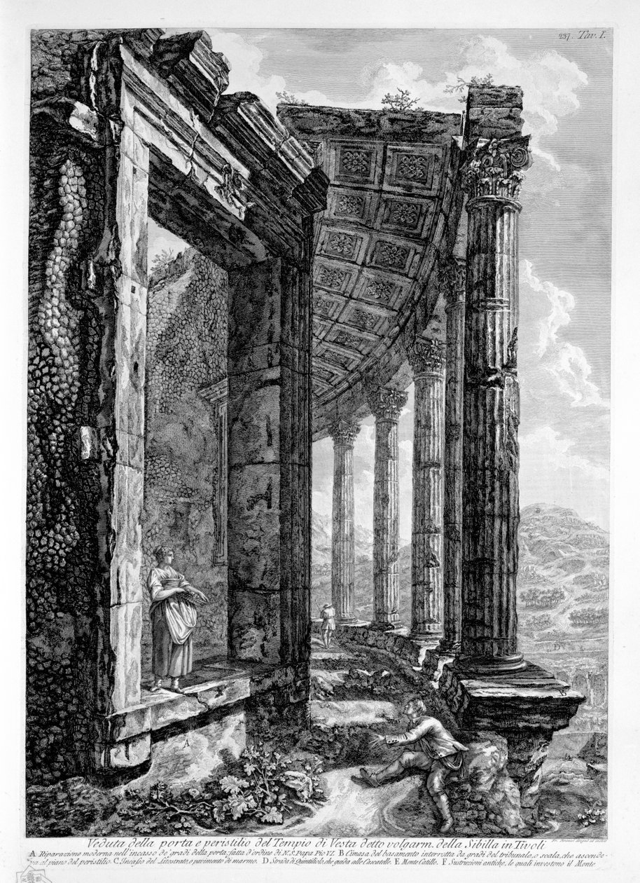 Utsikt över dörren och peristilen för templet i Vesta, känt som volgarm. av sibylen i Tivoli av Francesco Piranesi