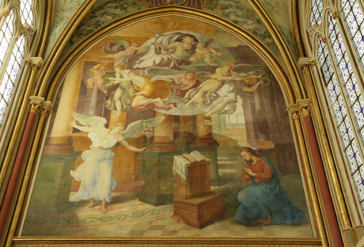 Den västra väggen i Rayonnant-kapellet i klostret med budskapsförkunnelsen, 1500-1900-talet av Francesco Primaticcio