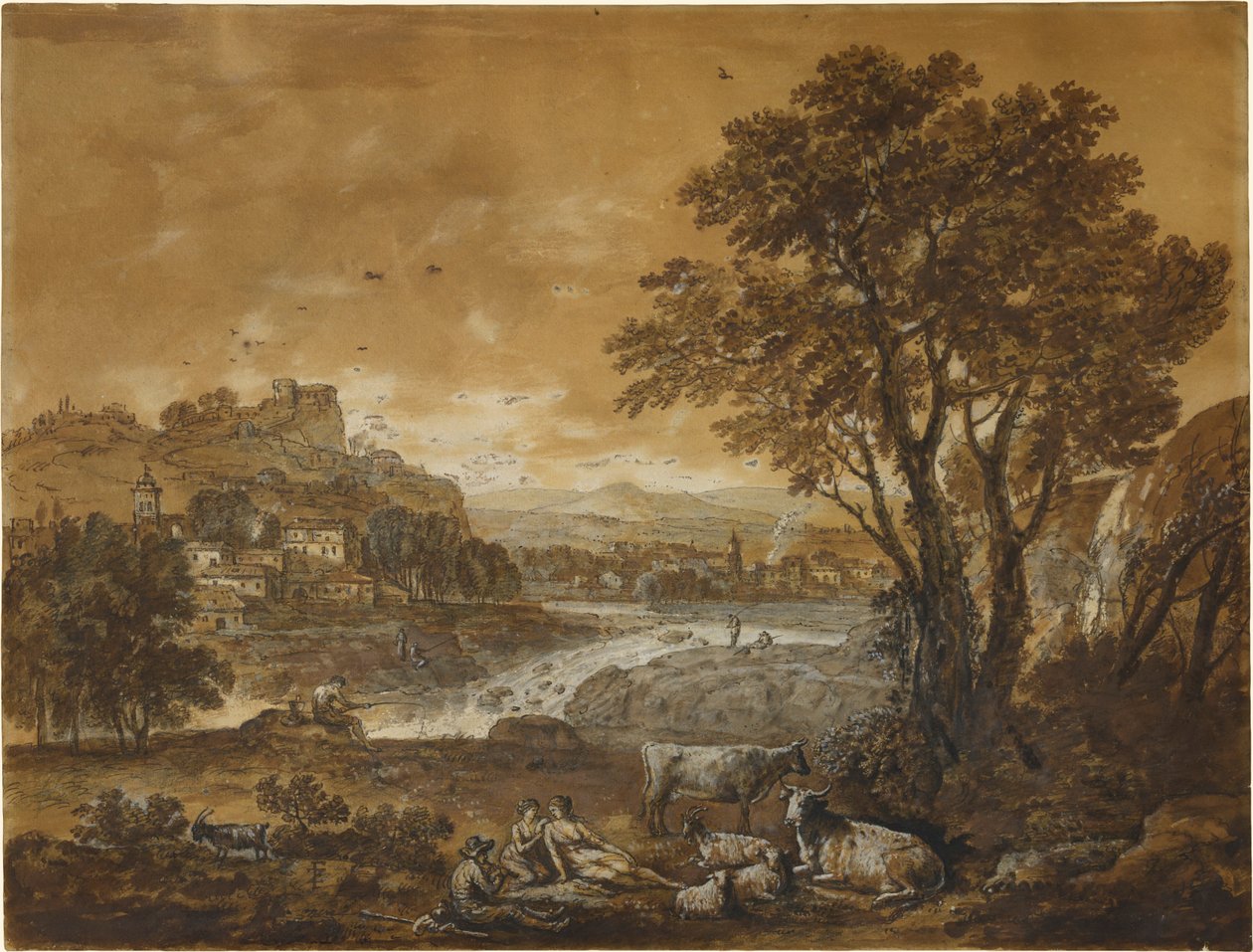 A Landscape with Shepherds Resting Under a Tree by a Cascade av Francesco Zuccarelli