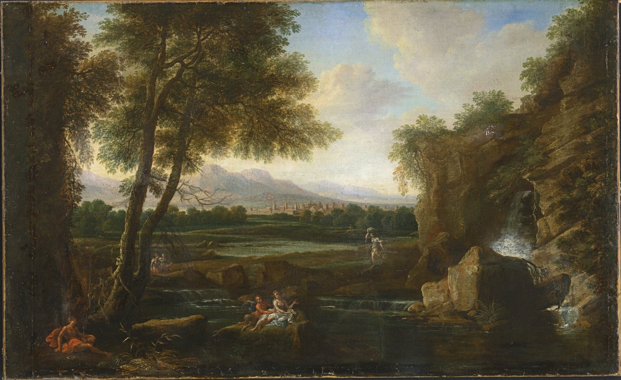 Classical Landscape with Small Waterfall and Village av Francesco Zuccarelli