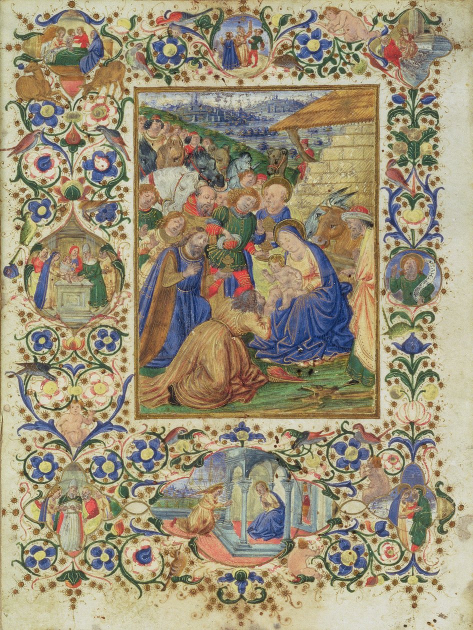 Magiernas tillbedjan omgiven av medaljonger som skildrar episoder från Jungfruns och en profets liv av Francesco d