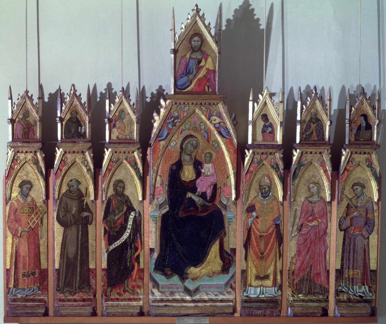 Madonna och barn, Kristus och heliga, 1393 (tempera på panel) av Francesco da Ancona