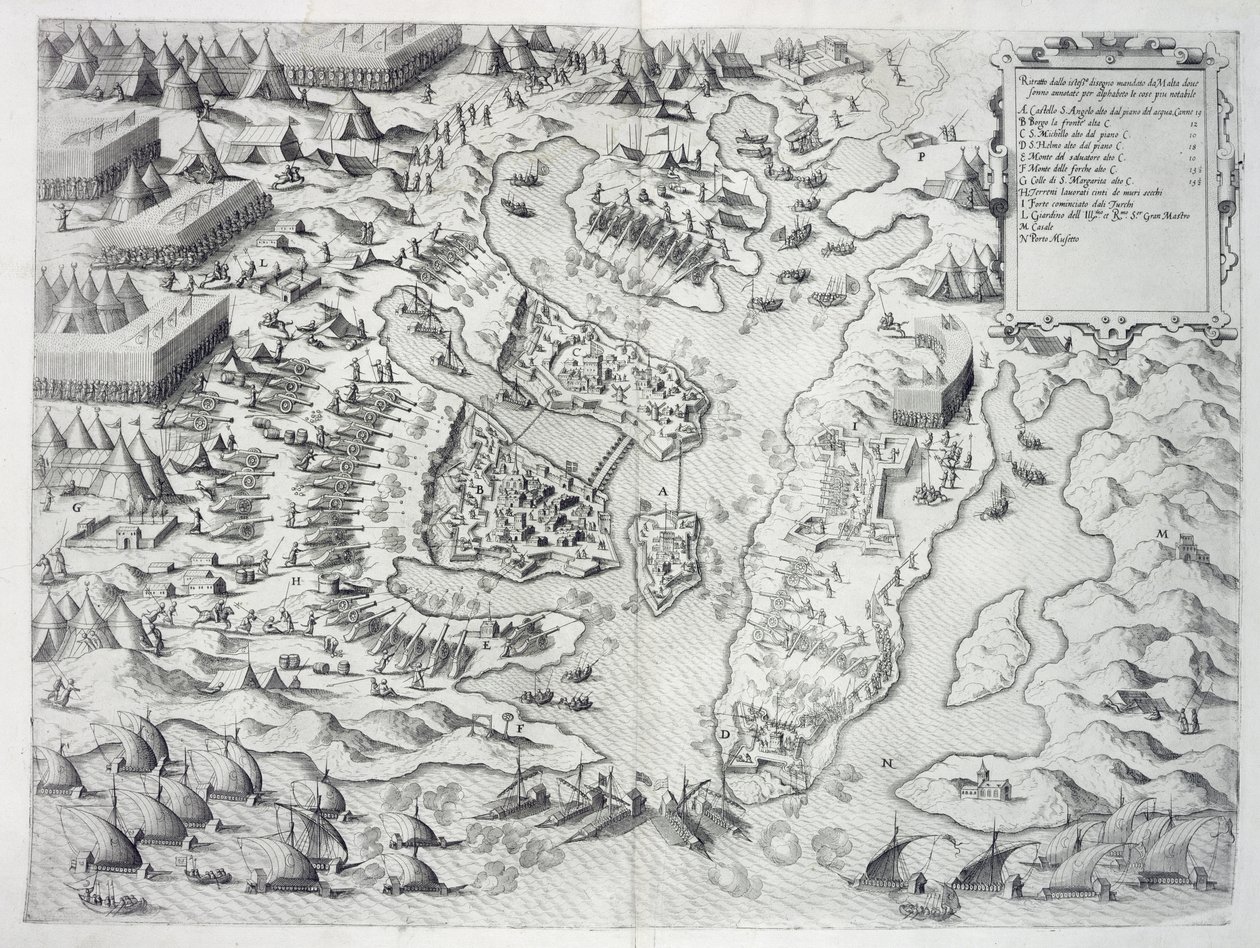Malta belägrad av de otrogna, ur "Della Architettura Militare", publicerad 1551. av Francesco de Marchi