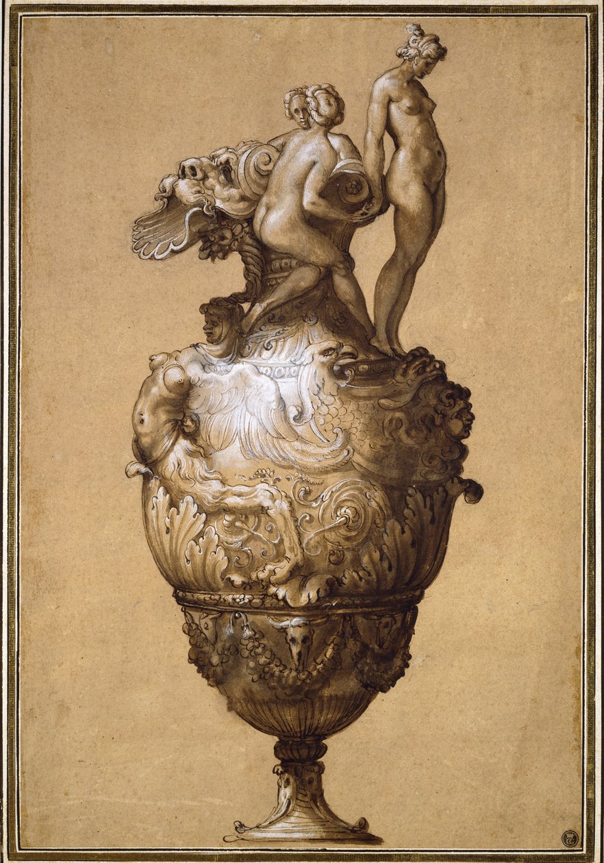 Design för en vattenkanna (penna och brunt bläck med grå tvätt, förstärkt med bodycolour, över svart krita på buffertpapper) av Francesco de Rossi Salviati Cecchino