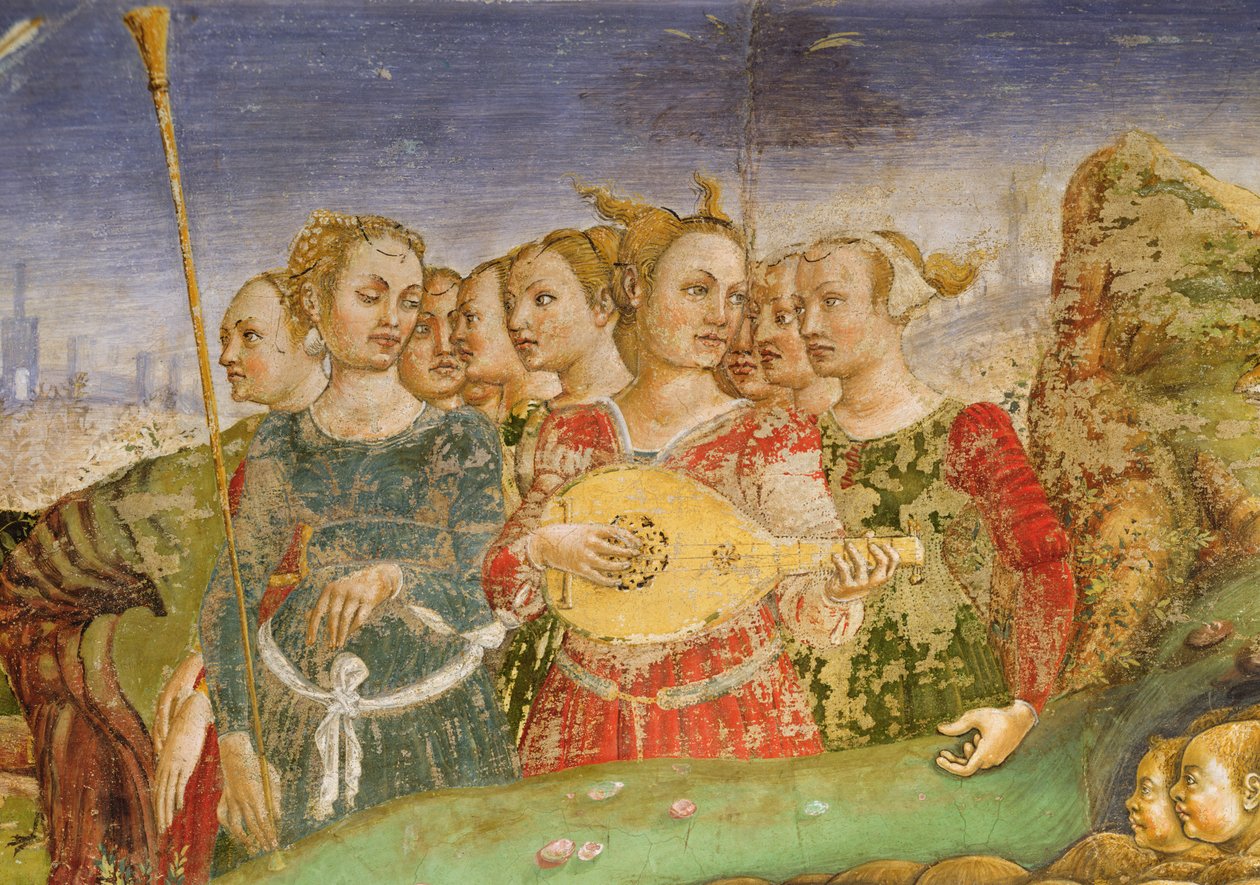 Allegory of May: Apollons triumf, detalj av en grupp unga flickor med en lutspelare, 1469-70, av Francesco del Cossa