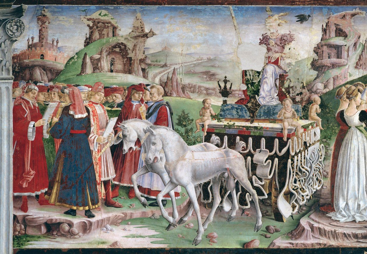 Minervas triumf: mars, från Månadernas rum, detalj av vagnen och gruppen av främlingar, ca 1467-70 av Francesco del Cossa