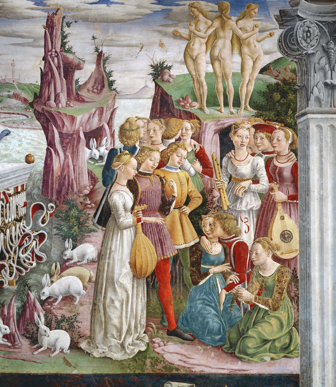 The Triumph of Venus: April from the Room of the Months, detalj av en grupp musiker, ca 1467-70 av Francesco del Cossa