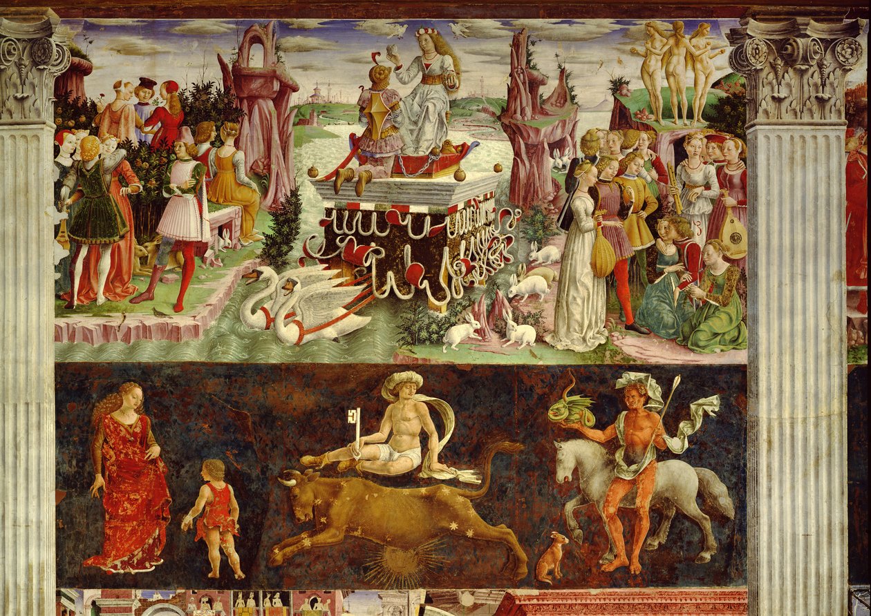 Venus triumf och Oxens tecken, scener från april månad, ca 1470, av Francesco del Cossa (ca 1435-1477), fresk, östra väggen, Månadernas Hall, Palazzo Schifanoia (Glädjepalatset), Ferrara, Emi av Francesco del Cossa