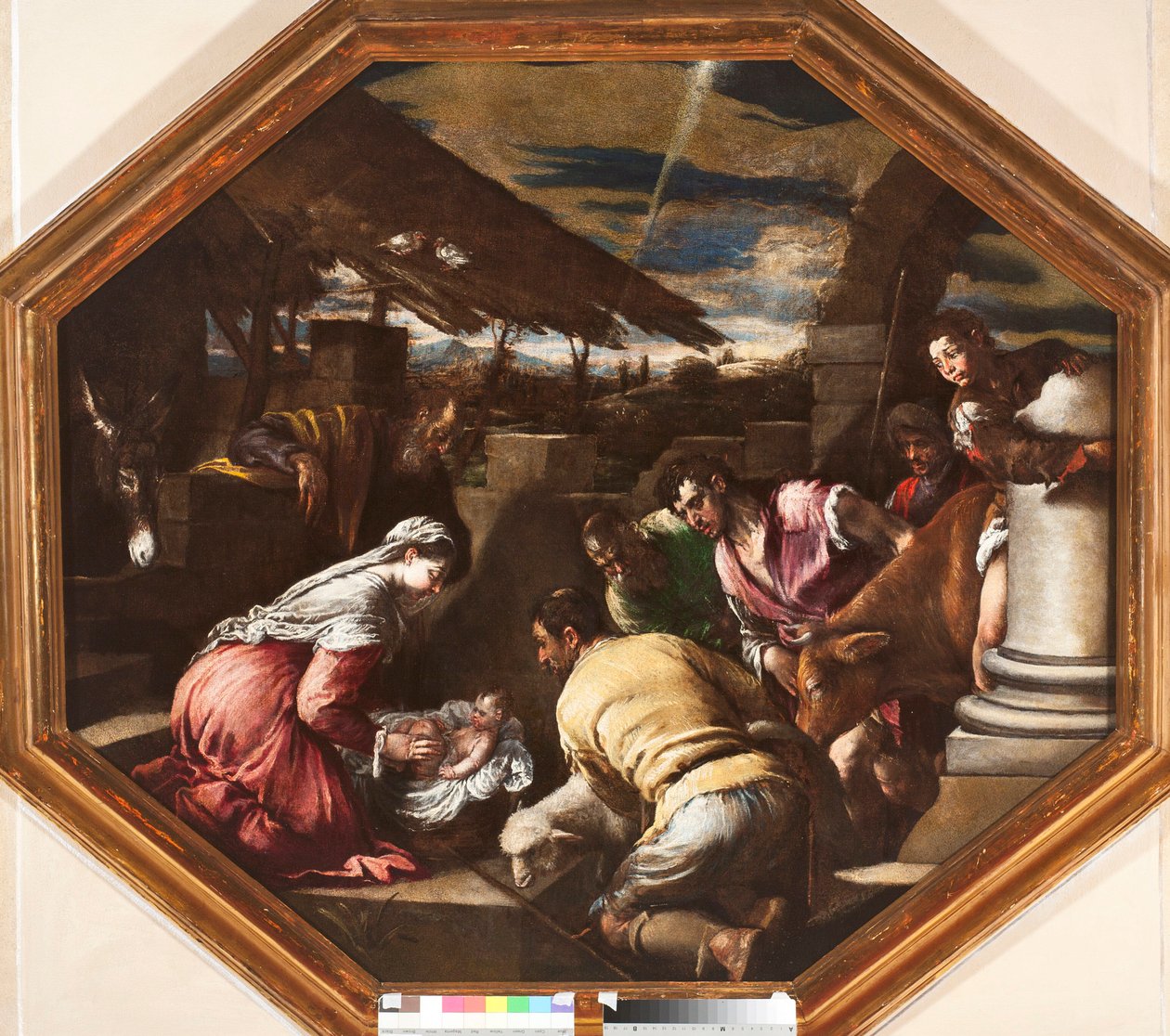 Tillbedjan av herdarna Målning av Francesco da Ponte dit Francesco Bassano (1549-1592) Genes, Strada Nuova-museerna av Francesco Bassano