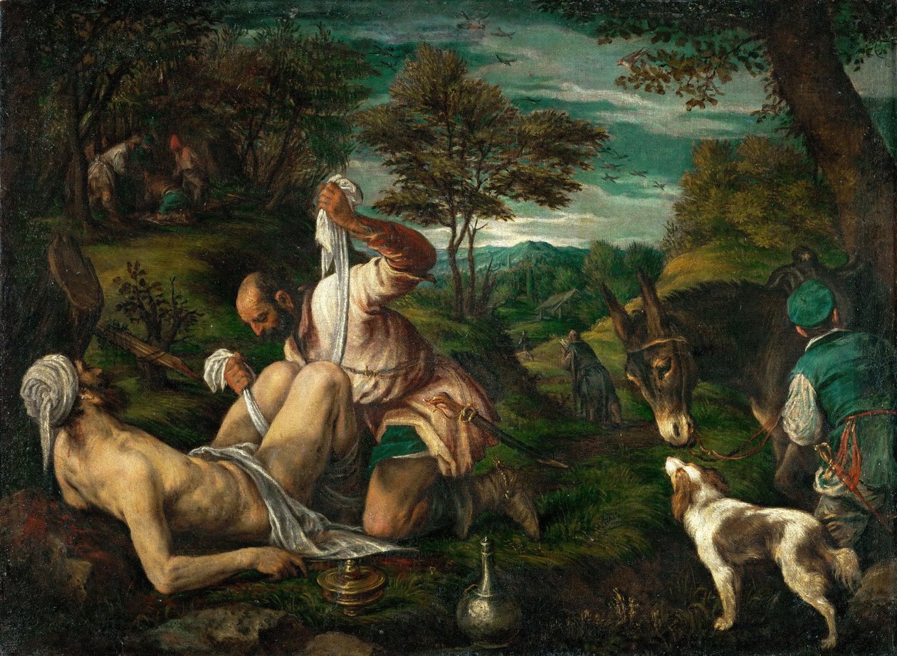 Le bon samaritain - Liknelsen om den barmhärtige samariten, av Bassano, Francesco, den yngre (1549-1592). Olja på duk, ca. 1575. Mått : 73x98,4 cm. Konsthistoriska museet, Vienne av Francesco Bassano