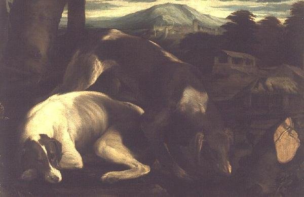Två jakthundar, ca 1555 av Francesco Bassano
