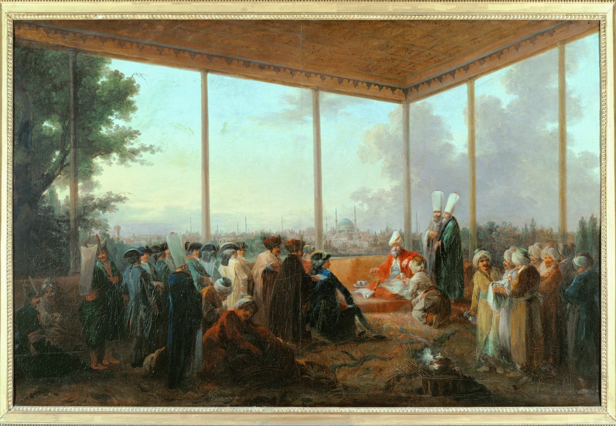 Audiens för greven av Saint-Priest av storvesiren Aimali Carac den 18 mars ... (målning på duk) av Francesco (after) Casanova