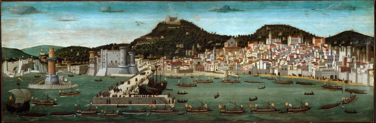 Tavola Strozzi: återkomsten av den aragoniska flottan segrande i slaget vid Ischia 1465 (tempera på trä av Francesco (attr.) Rosselli