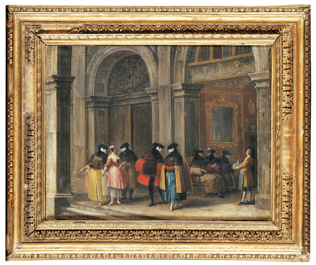 Maskerade figurer som tar kaffe i Caffè Florian, Venedig (olja på duk) av Francesco (attr. to) Guardi