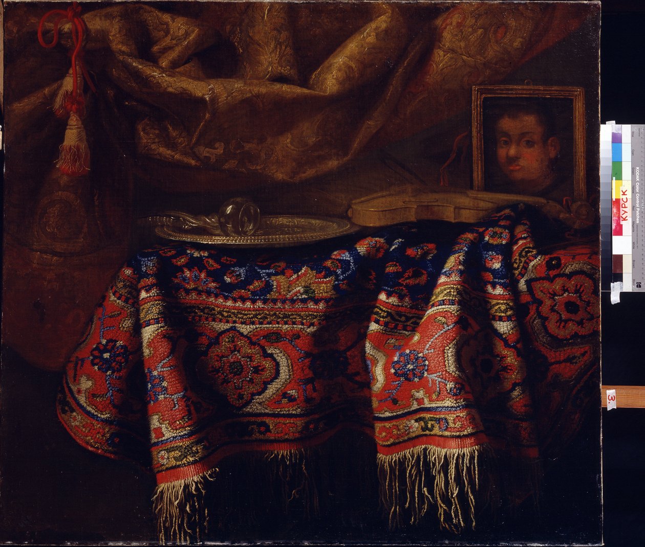 Stilleben med självporträtt. (Stilleben med självporträtt). Målning av Francesco Fieravino (mellan 1610 och 1660). Italiensk konst, barockstil. Regionala A. Deineka konstgalleri, Kursk, Ryssland av Francesco (b.1640) Fieravino
