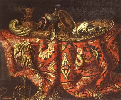 En nautilusbägare, en patén, tack och ett förgyllt fat på en matta draperad över en avsats av Francesco (circle of) Fieravino