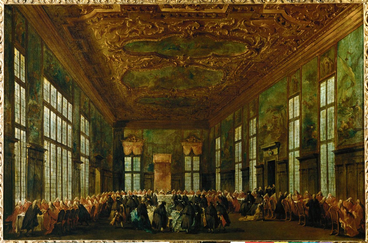 Ceremoniell måltid i Dogepalatset i Stora rådssalen, Doge sittande i mitten-bakgrund... av Francesco (circle of) Guardi