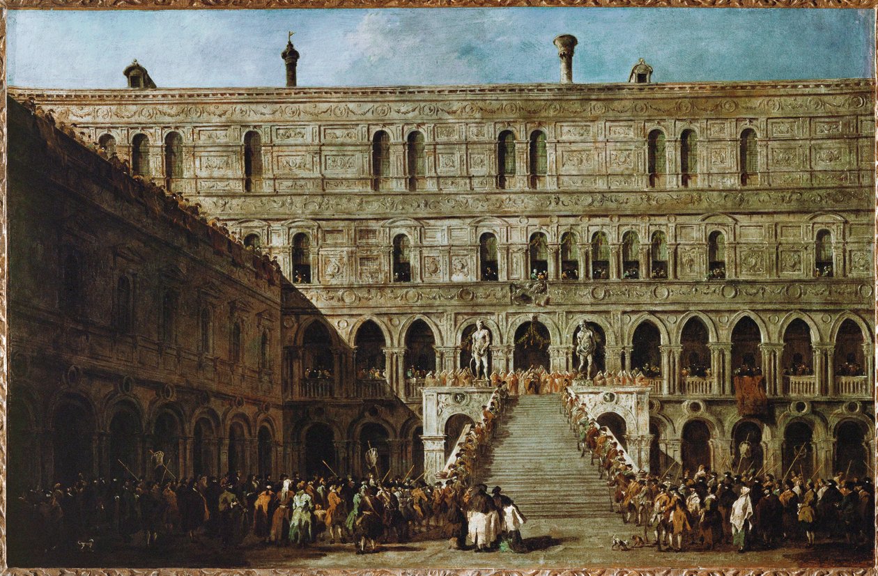 Kröning av doge av Venedig på trappan till jättarna i hertigpalatset ... av Francesco (circle of) Guardi