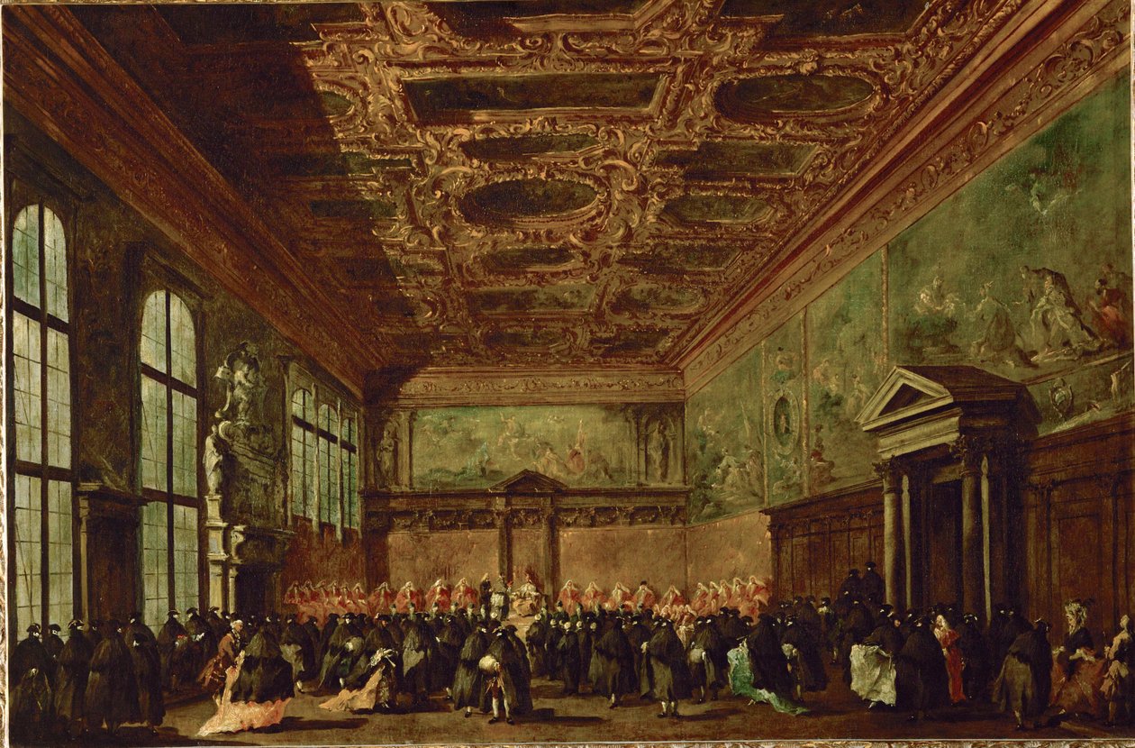 La salle du college au palais des Doges a Venise - Rådssalen i Dogernas palats, Venedig ... av Francesco (circle of) Guardi
