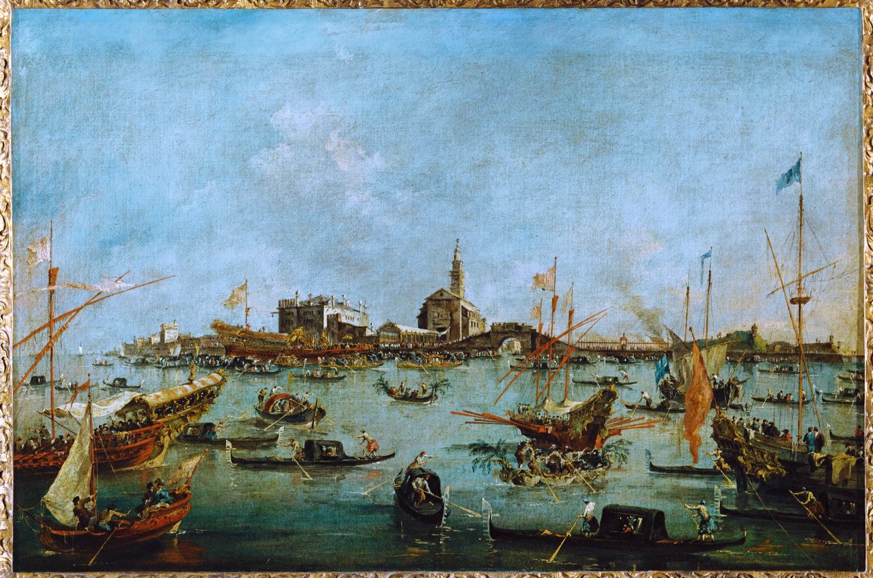 Doge, i sin gyllene gondol, Bucintoro, passerar San Niccolo del Lido ... av Francesco (circle of) Guardi