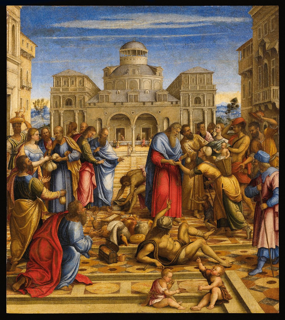 Sankt Johannes kapellan (Johannes V av Alexandria eller Johannes av Cypern) (556-619), ortodox patriark av Alexandria, som delar ut pengar till de fattiga på gatorna i staden - Johannes den barmhärtige i Alexandria - Målning av Francesco di Bernardo de Vec av Francesco (fl.1508 45) Rizzi da Santacroce