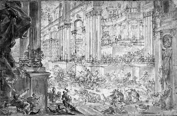 Utvisningen av Heliodorus från templet (penna och bläck) av Francesco (fl.1709 43) Peresi