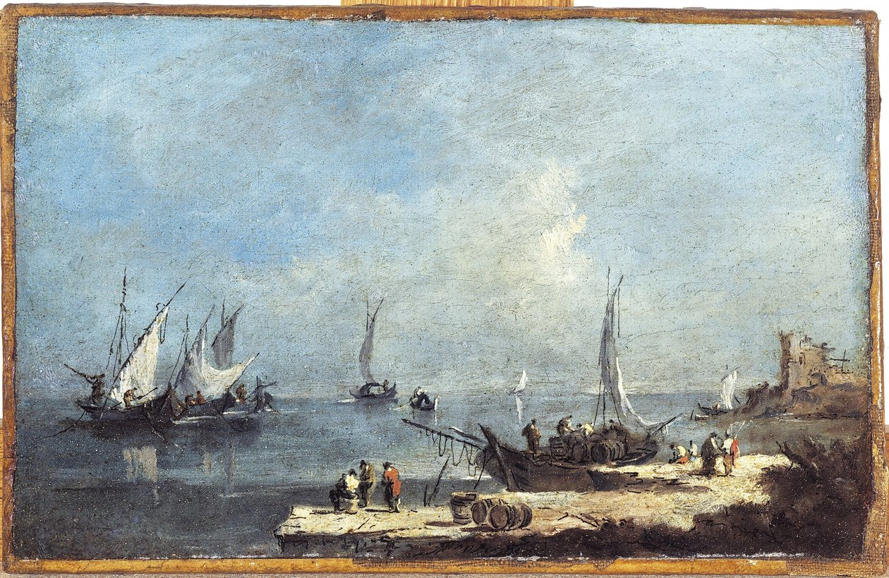 Utsikt över en hamn vid lagunen av Francesco (school of) Guardi