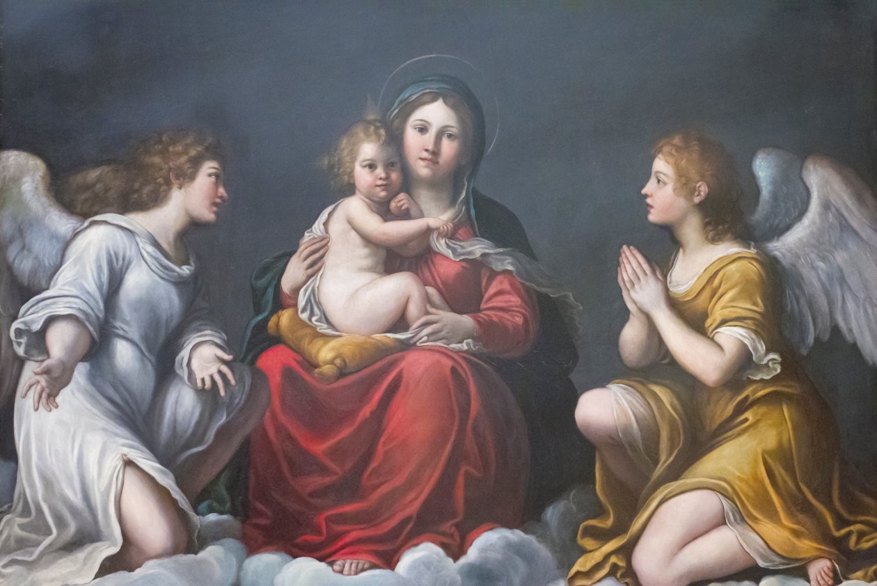 Madonna och barn med änglar (olja på skiffer) av Francesco Albani