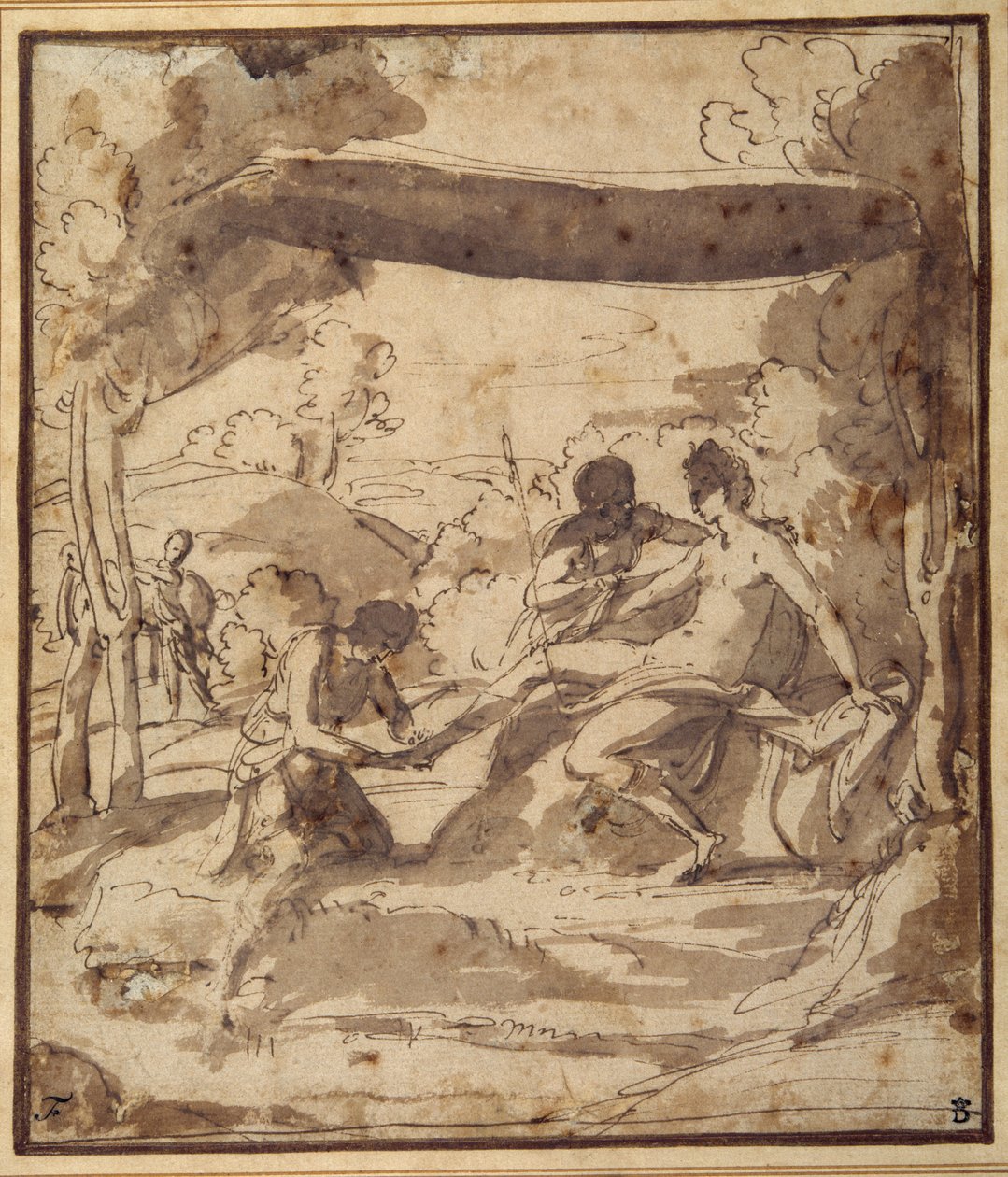 Venus, liggande under en rustik baldakin, med Adonis som fäster sin sandal (penna och bläck med tvätt på papper) av Francesco Albani