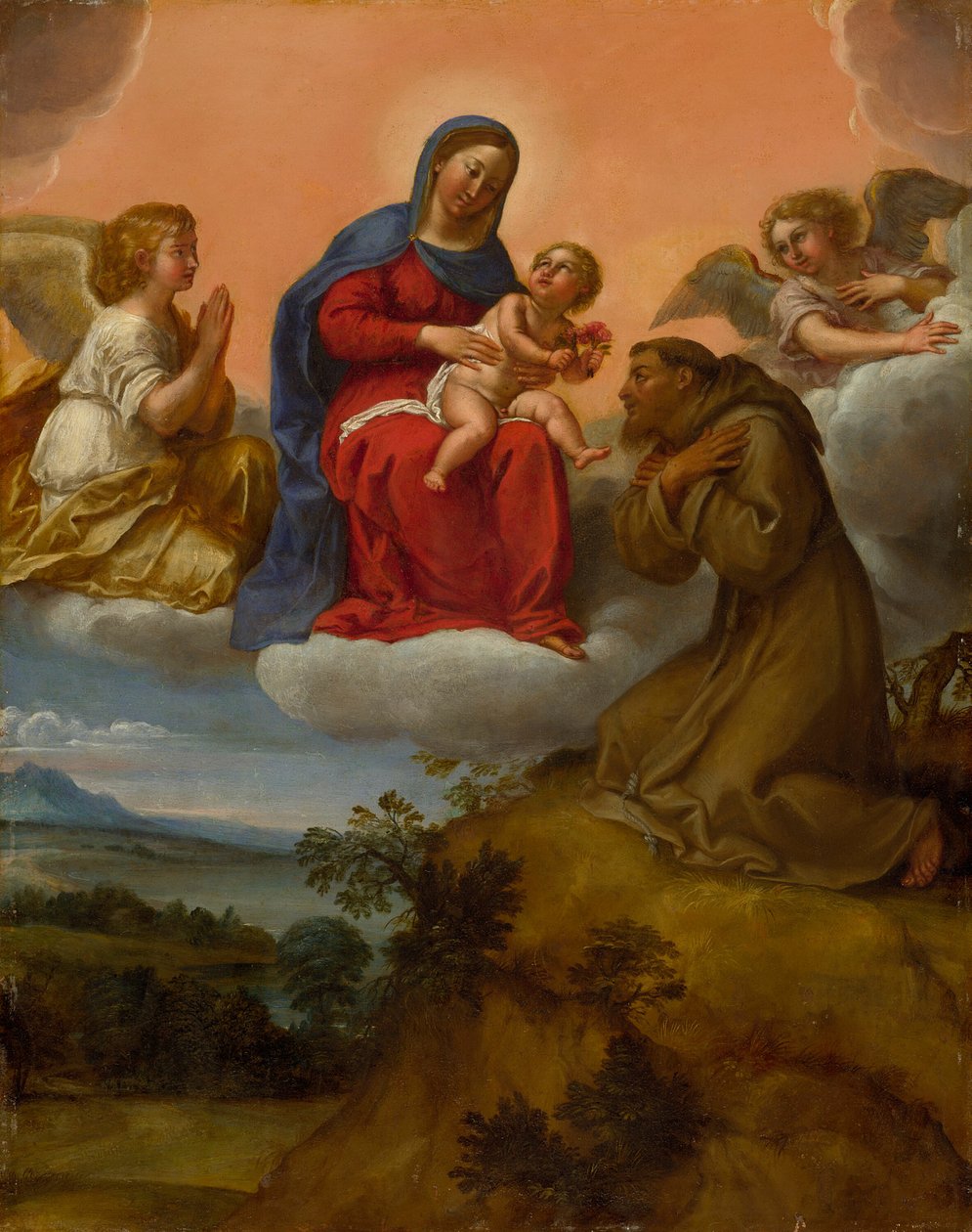 Jungfru och barn älskad av Saint Francis av Francesco Albani